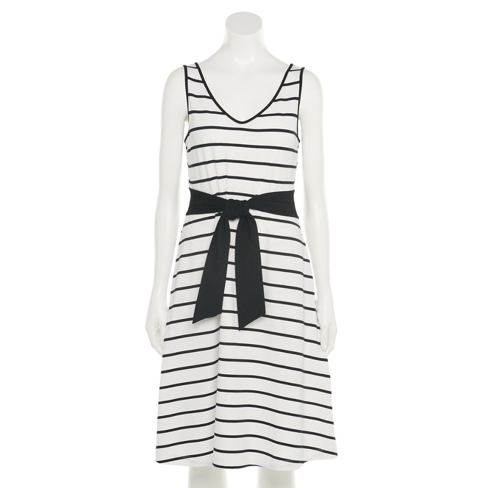 APT. 9 Black & White Stripe Midi Dress | Cinch-Waist Fit & Flare Spandex NWT S - Picture 4 of 10